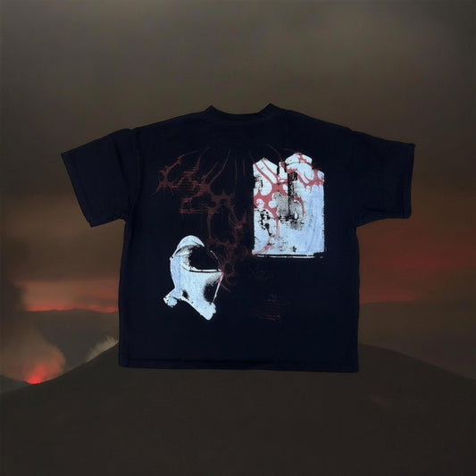 Black tee with red and white eye back print, ember horizon backdrop