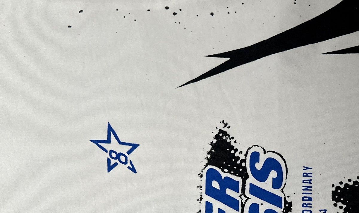 PROTOTYPE 8 blue tee, star mark close-up