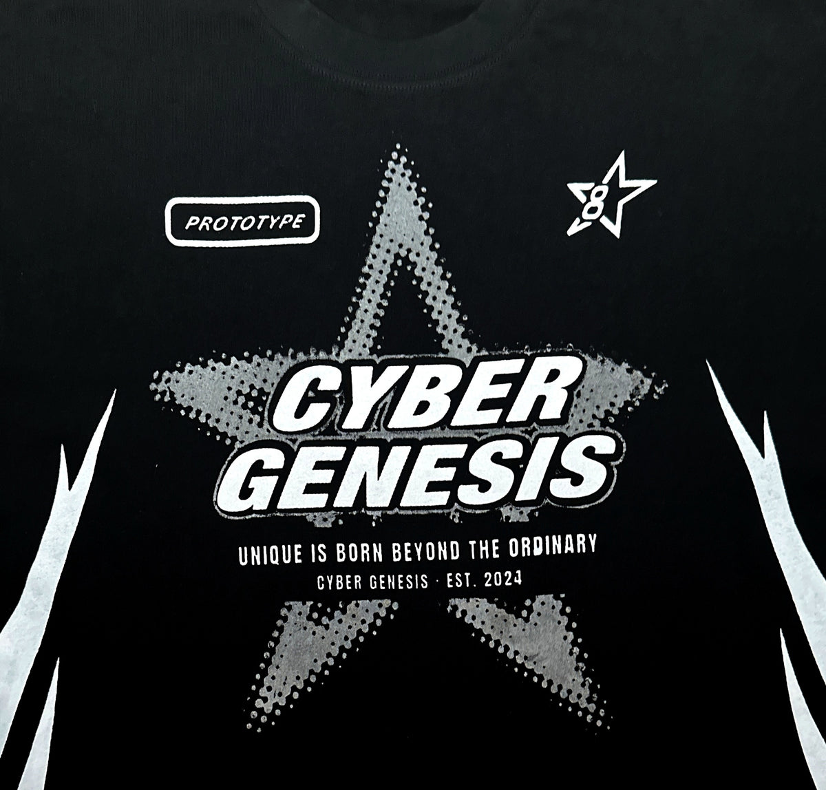 PROTOTYPE 8 Racing Tee Black chest print closeup