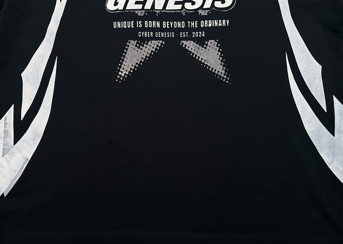PROTOTYPE 8 black tee, side flame detail