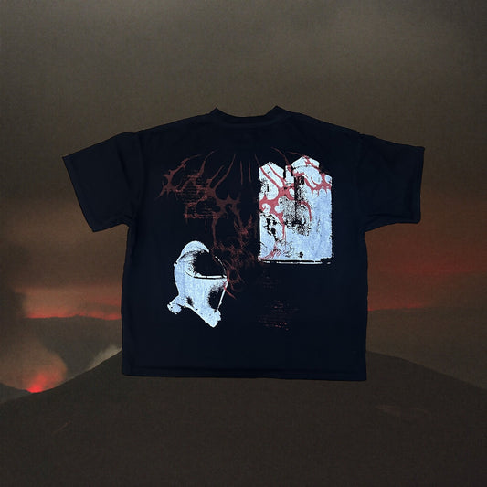 Black tee with red and white eye back print, ember horizon backdrop