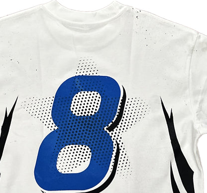 PROTOTYPE 8 blue tee, number 8 close-up