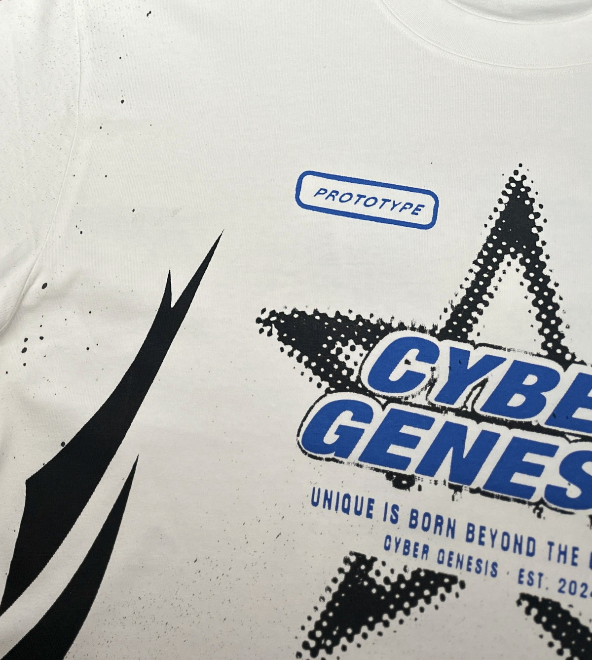 PROTOTYPE 8 blue tee, shoulder and print detail