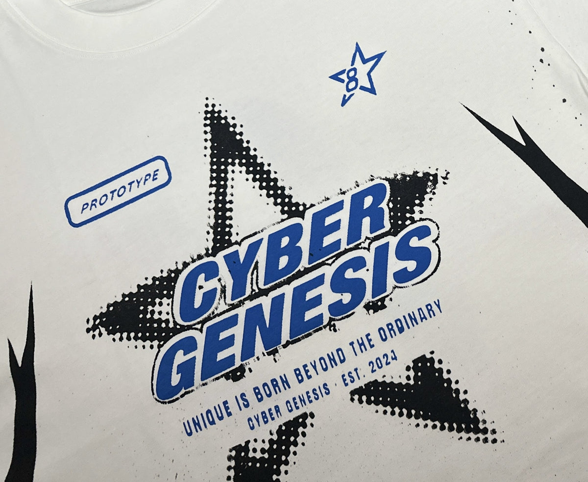 PROTOTYPE 8 blue tee, star and wordmark detail